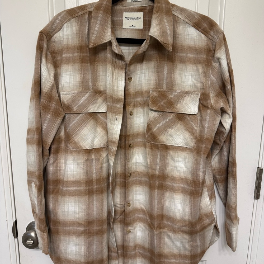 Abercrombie & Fitch Oversized Plaid Shacket in Tan and Cream